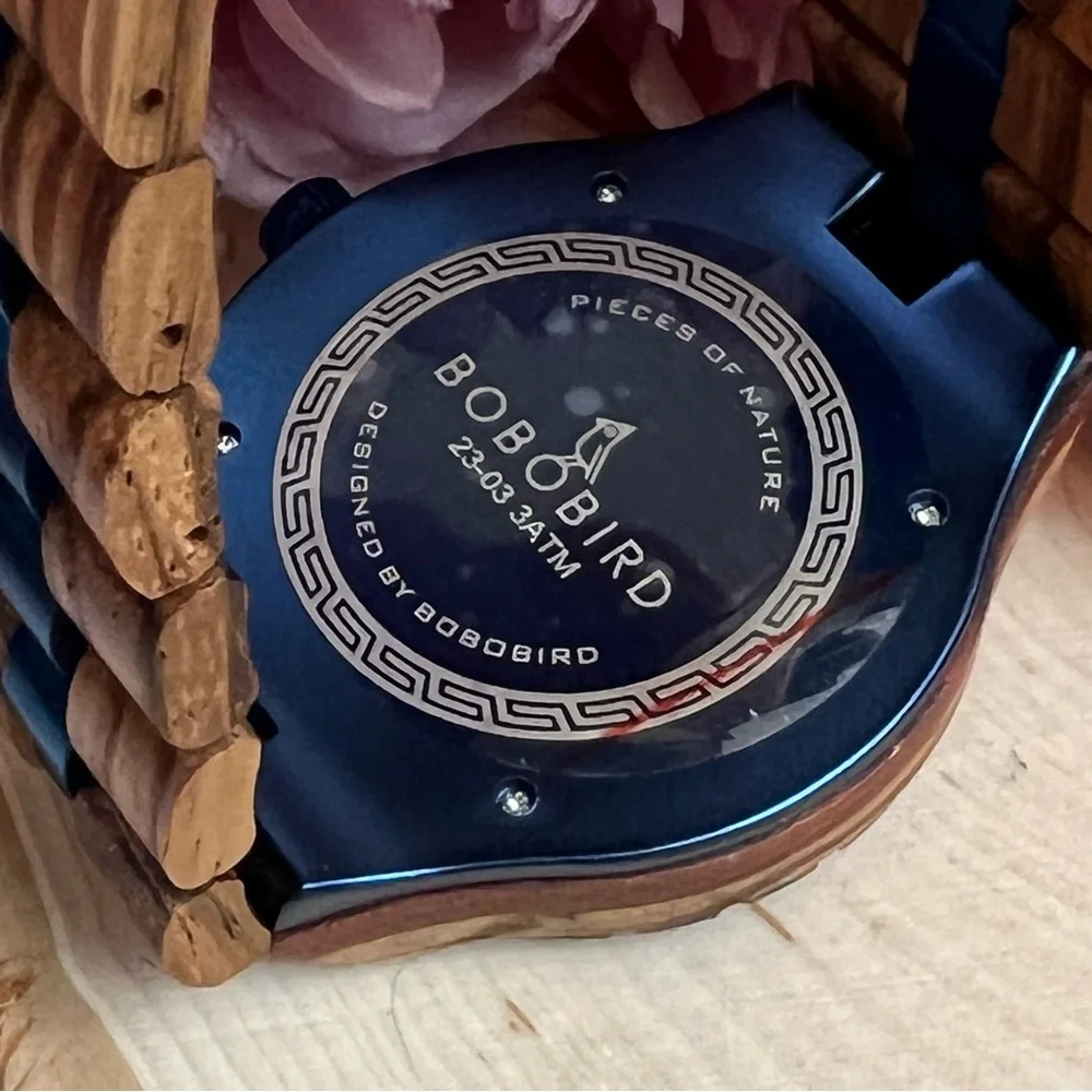 Luxury Zebra Wood Blue Chronograph Military Quartz Watch - Picture 13 of 16